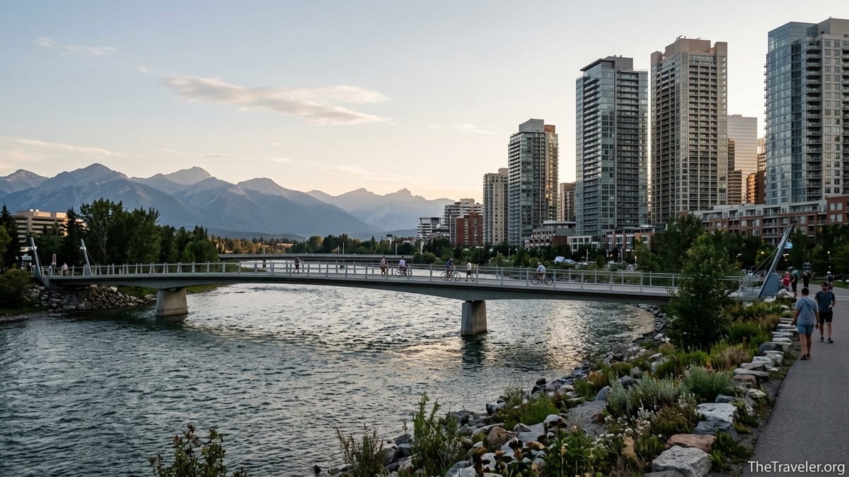 Downtown Calgary skyline at dusk with the Bow River and distant Rocky Mountains.