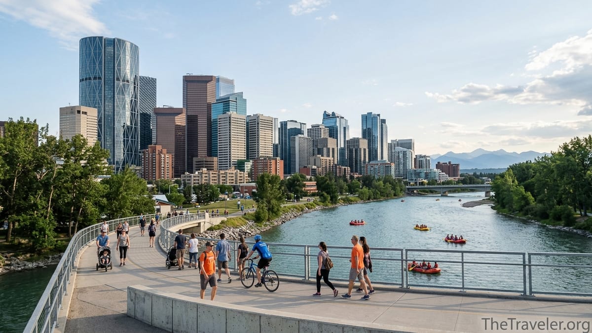 Summer view of downtown Calgary skyline from the Bow River with people on the river pathway.