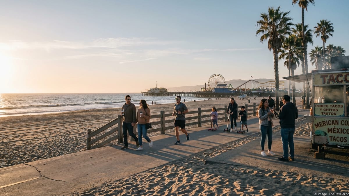Early evening crowd along Santa Monica beach path with pier, palms, and ocean.