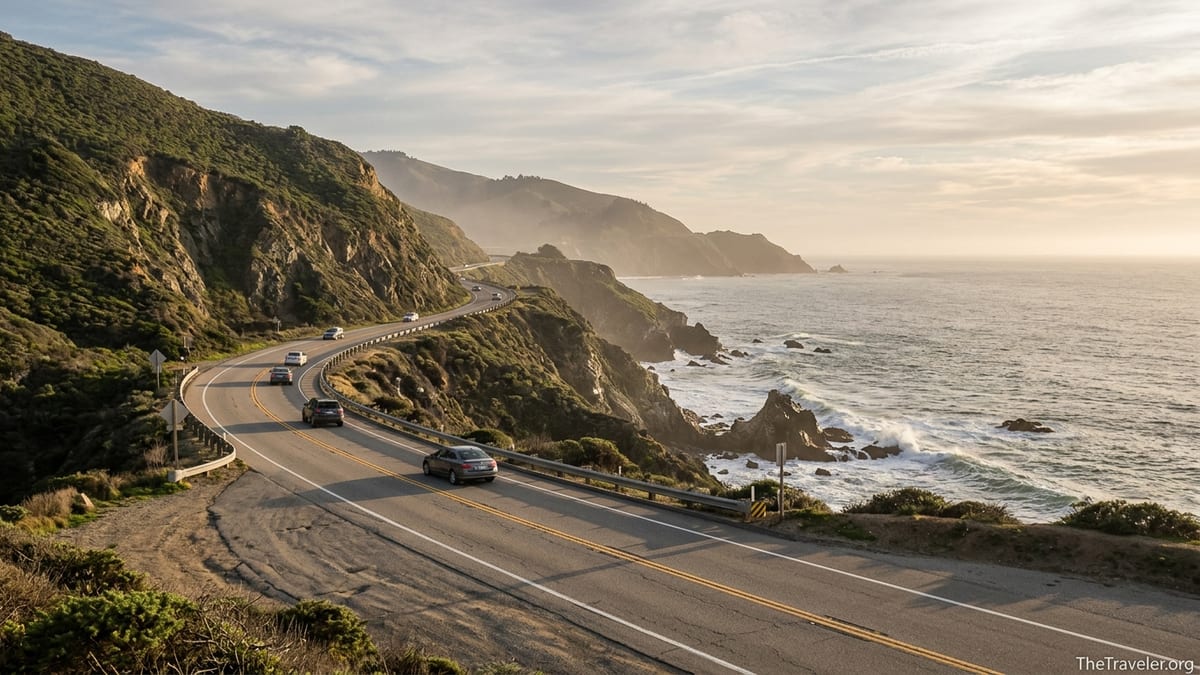 Golden hour view of California’s Highway 1 winding along cliffs above the Pacific Ocean.