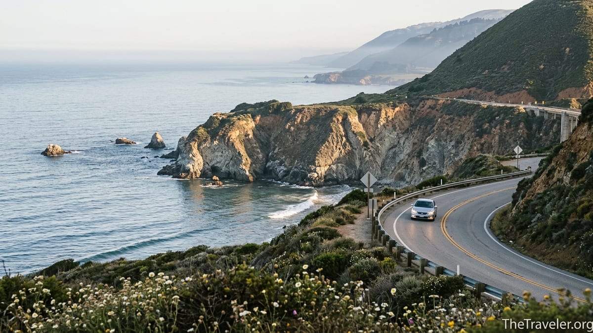 Highway 1 car winding along Big Sur cliffs above the Pacific Ocean at sunrise