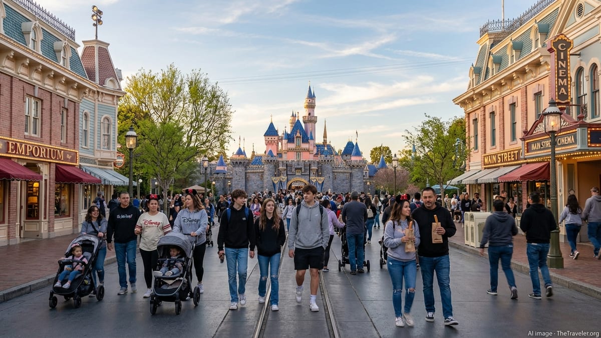 California locals crowd Disneyland’s Main Street at sunset walking toward Sleeping Beauty Castle.