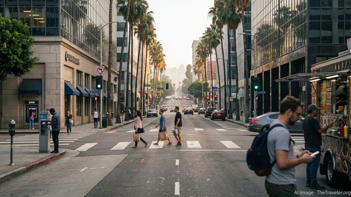 Busy Los Angeles street at sunset with people using ATMs and contactless payments.