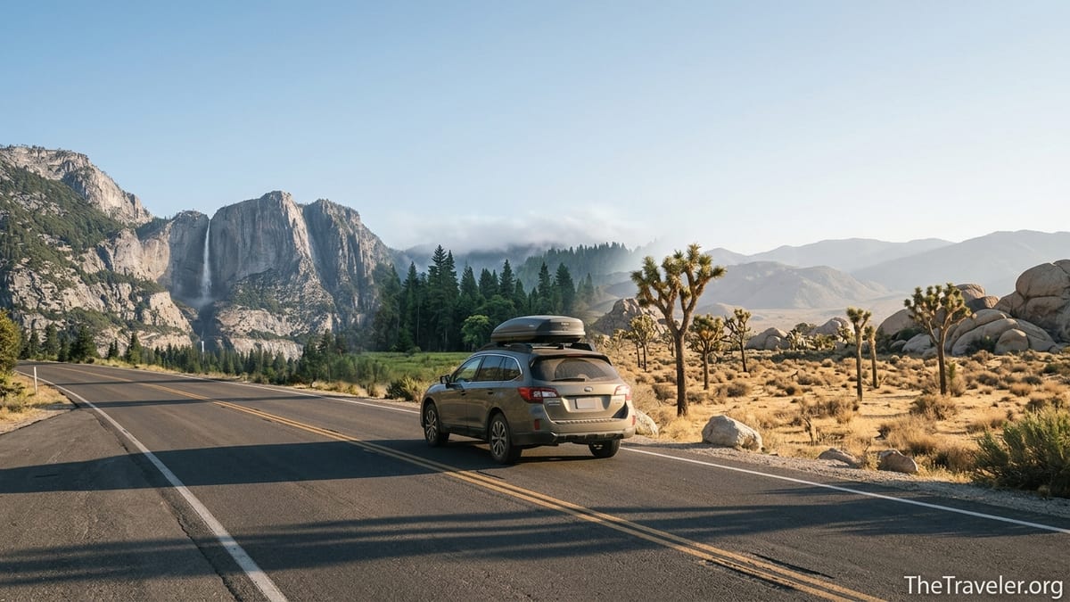Scenic California park road with mountains, desert Joshua trees and distant redwood forest.