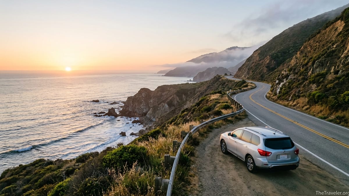 Sunrise view over California’s Highway 1 at Big Sur with a lone SUV parked above the Pacific coast.