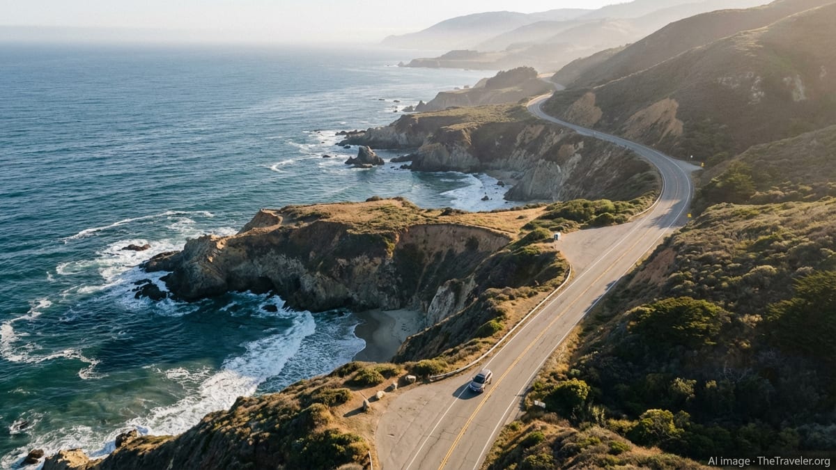 A car travels along a winding cliffside section of California’s Pacific Coast Highway at golden hour.