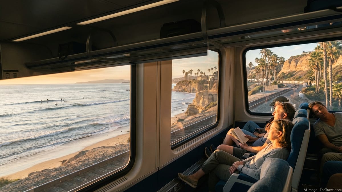 Passenger riding a California coastal train with wide windows looking out over the Pacific Ocean at sunset.