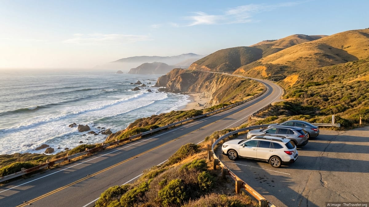California coastal highway at sunrise with cars parked at a cliffside overlook.