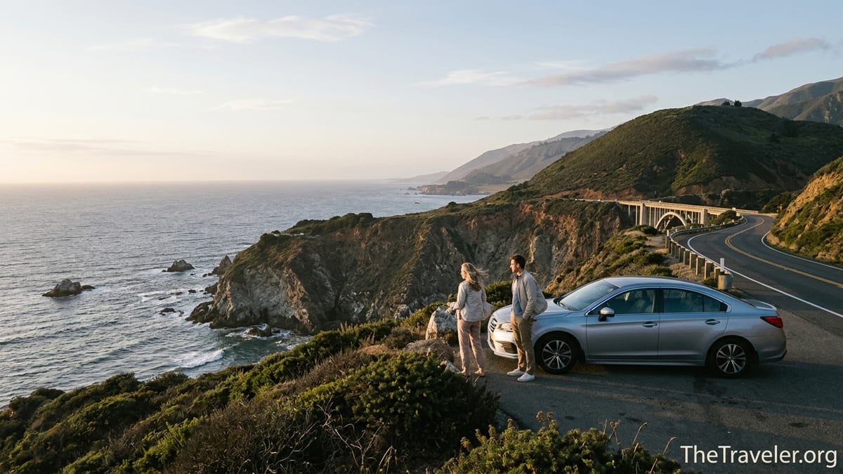Couple with a rental car overlooking the California coast on Highway 1 at sunset.