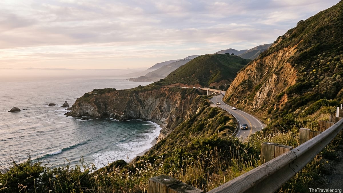 Highway 1 winding along Big Sur cliffs above the Pacific Ocean at golden hour