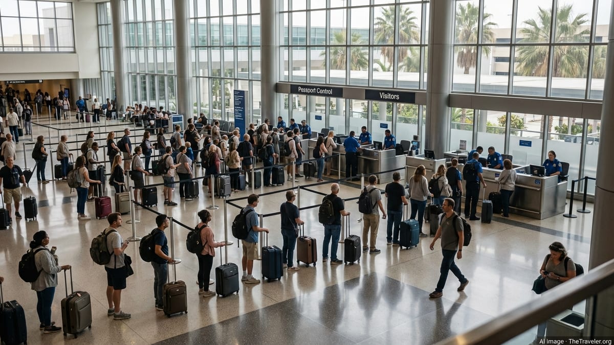 Travelers queue at passport control in Los Angeles airport international arrivals.