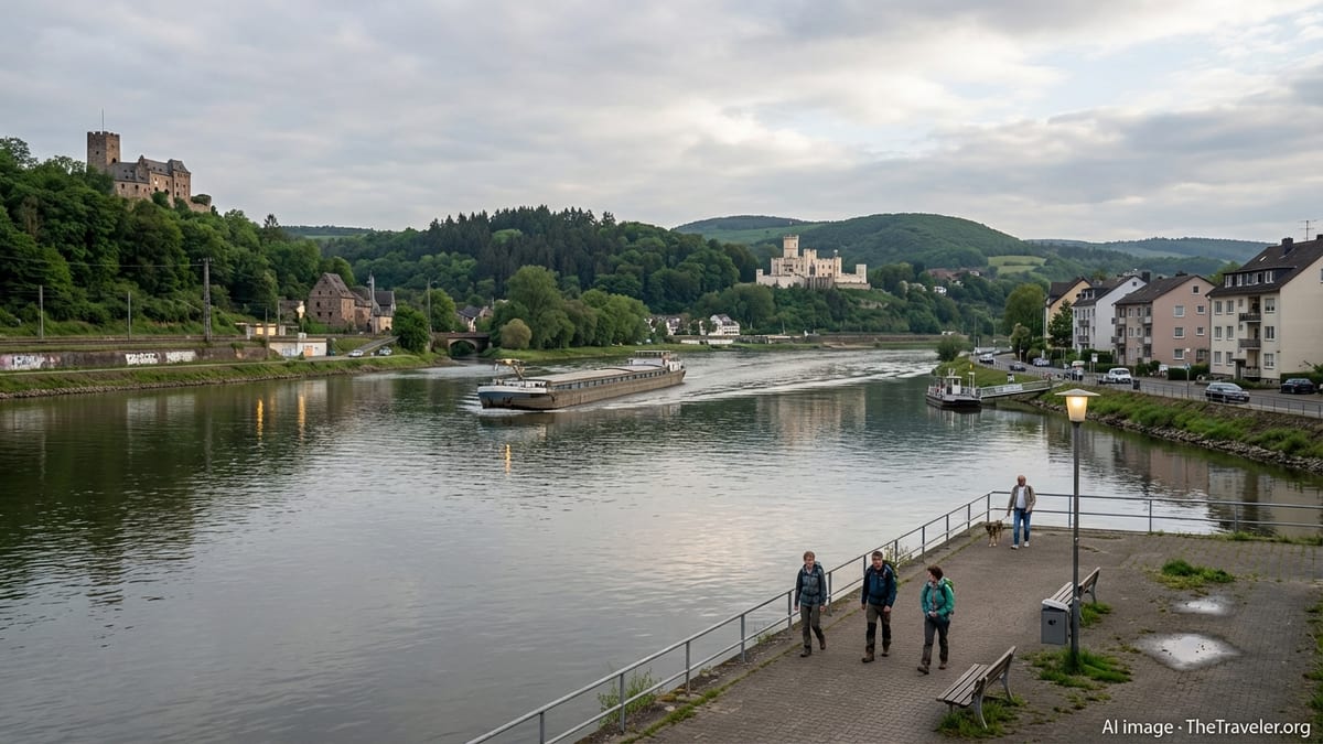 A calm evening view of Rhine and Lahn rivers confluence, featuring a moving barge and Stolzenfels Castle.