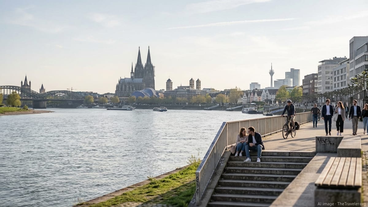 Calm spring day overlooking the Rhine River between Cologne and Düsseldorf. 