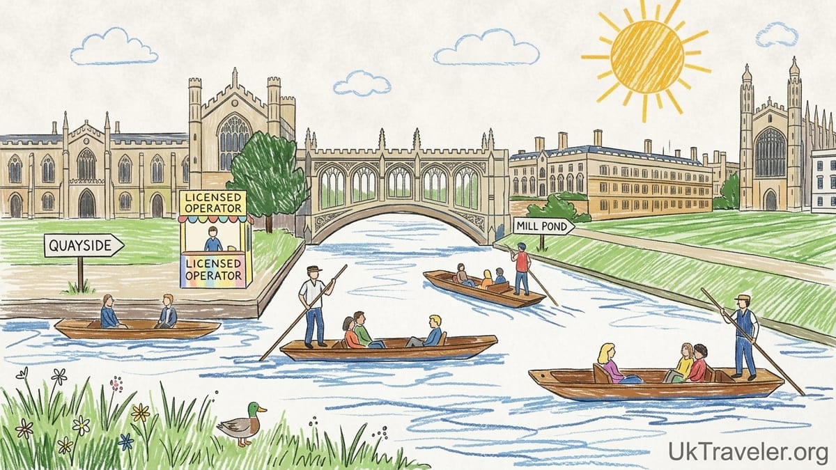 View from a punt on the River Cam passing King’s College and lawns on a calm autumn afternoon.
