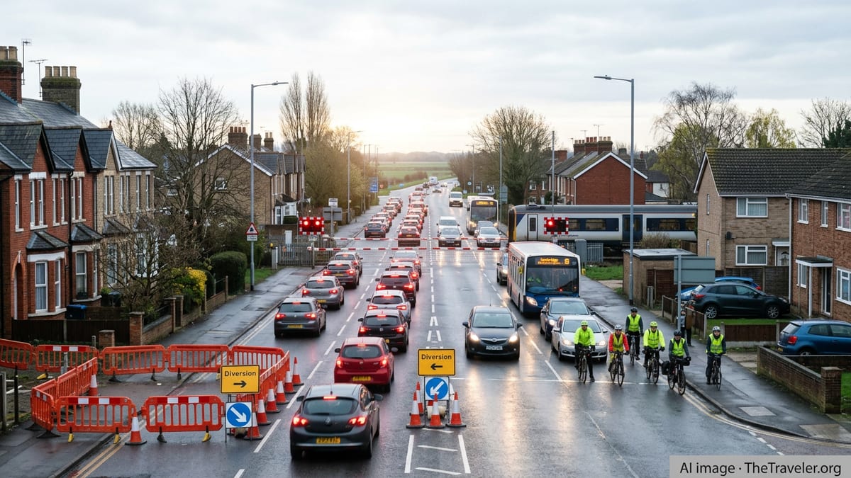 Morning traffic queues past roadworks and a closed rail crossing on the outskirts of Cambridge.