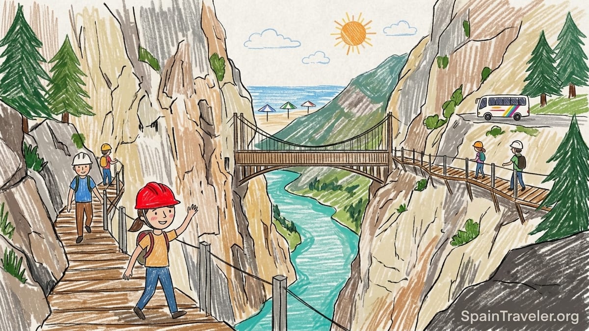 Hikers on the cliffside boardwalk of the Caminito del Rey above a turquoise gorge near Málaga, Spain.