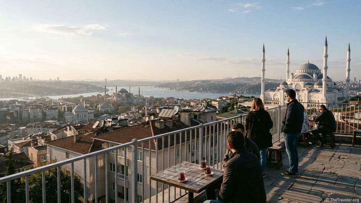 View over Istanbul from Çamlıca Hill terrace with Çamlıca Mosque and Bosphorus at sunset.