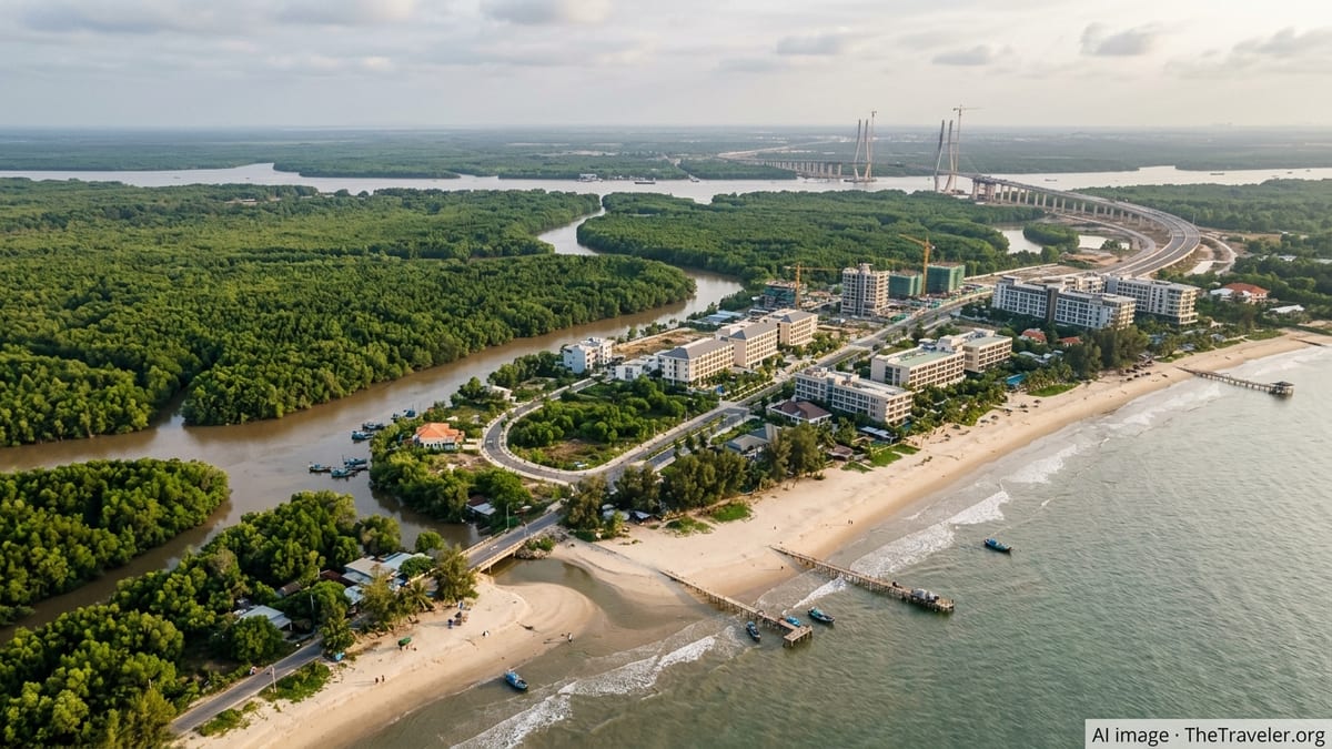 Aerial view of Can Gio coastline with mangrove forest, beach and emerging resort development at sunset.