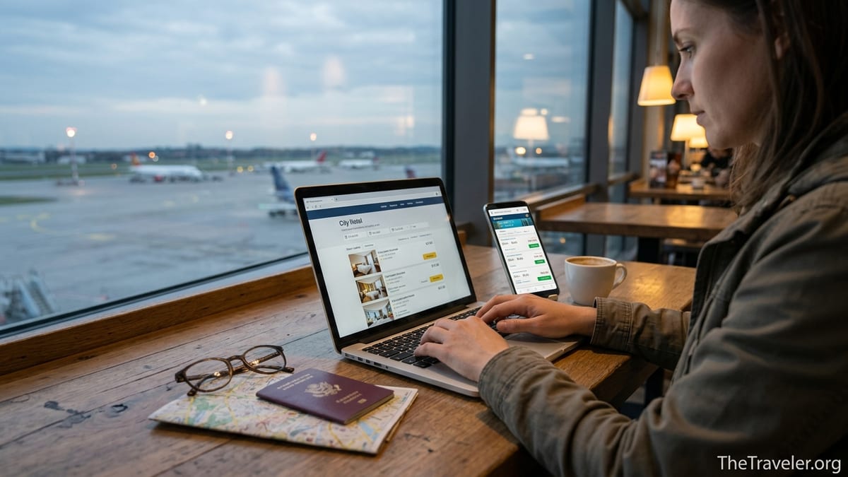 Traveler comparing hotel prices on laptop and phone at an airport café at dusk