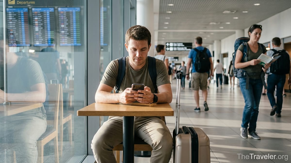 Traveler in an airport café checking tour reviews on a smartphone before a trip.