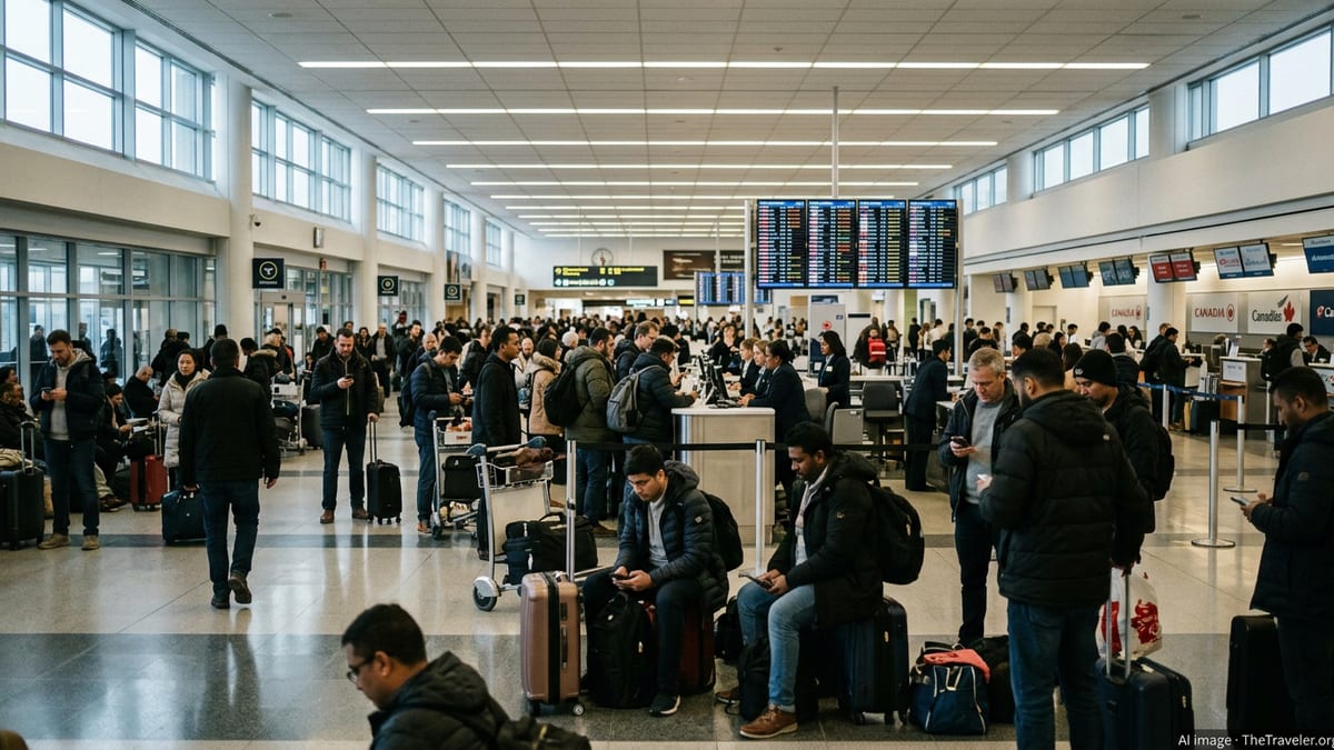 Stranded passengers in winter coats crowd a Canadian airport departure hall beneath boards of delayed and cancelled flights.