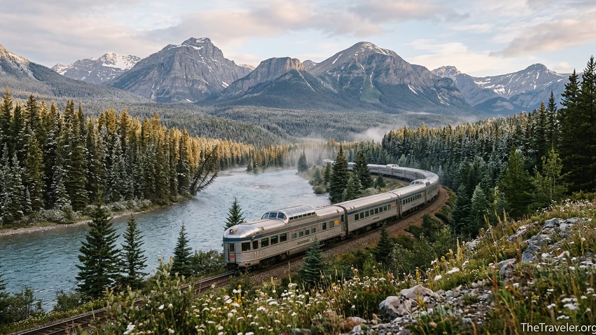 VIA Rail’s Canadian train rounding a curve in the Canadian Rockies beside a river at sunrise.
