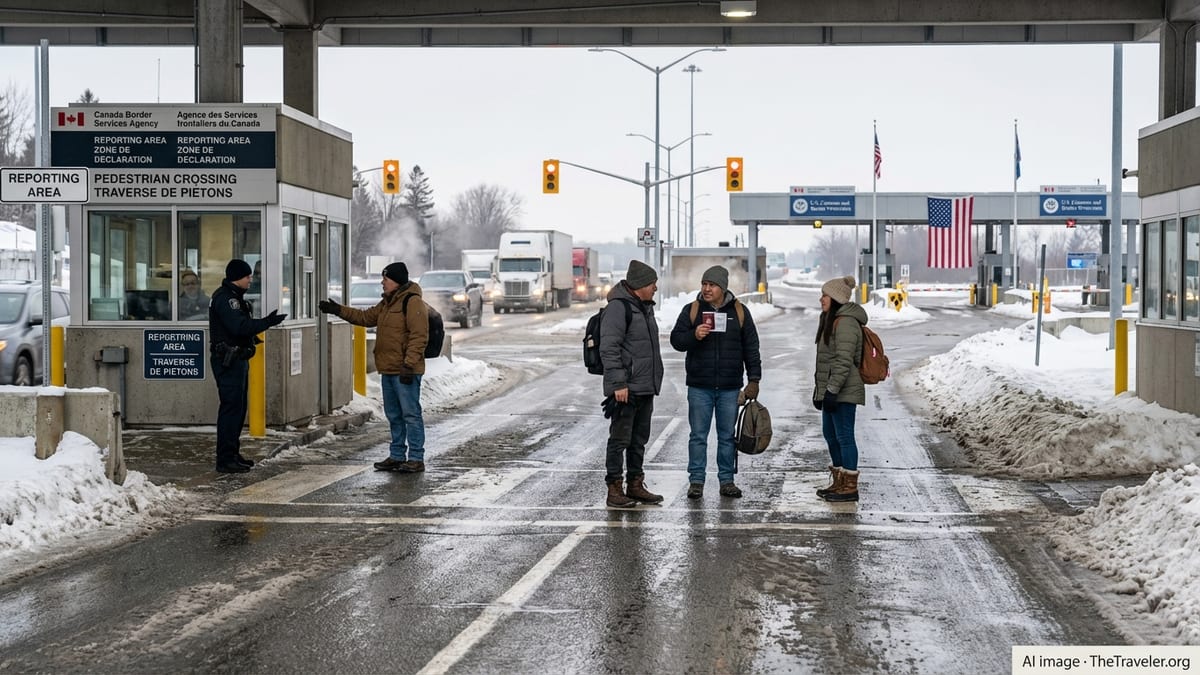 Indigenous travellers holding passports and status cards at a Canada–U.S. land border crossing in winter.