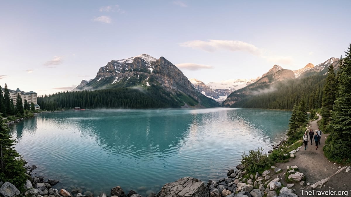 Lake Louise at dawn with hikers on the shore and Rocky Mountain peaks in the background.