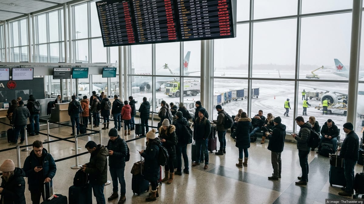 Crowded Canadian airport terminal with passengers queuing as winter weather causes widespread flight delays and cancellations