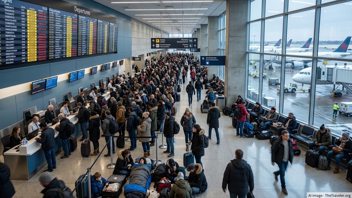 Crowded Canadian airport terminal with passengers watching boards of delayed and cancelled flights.