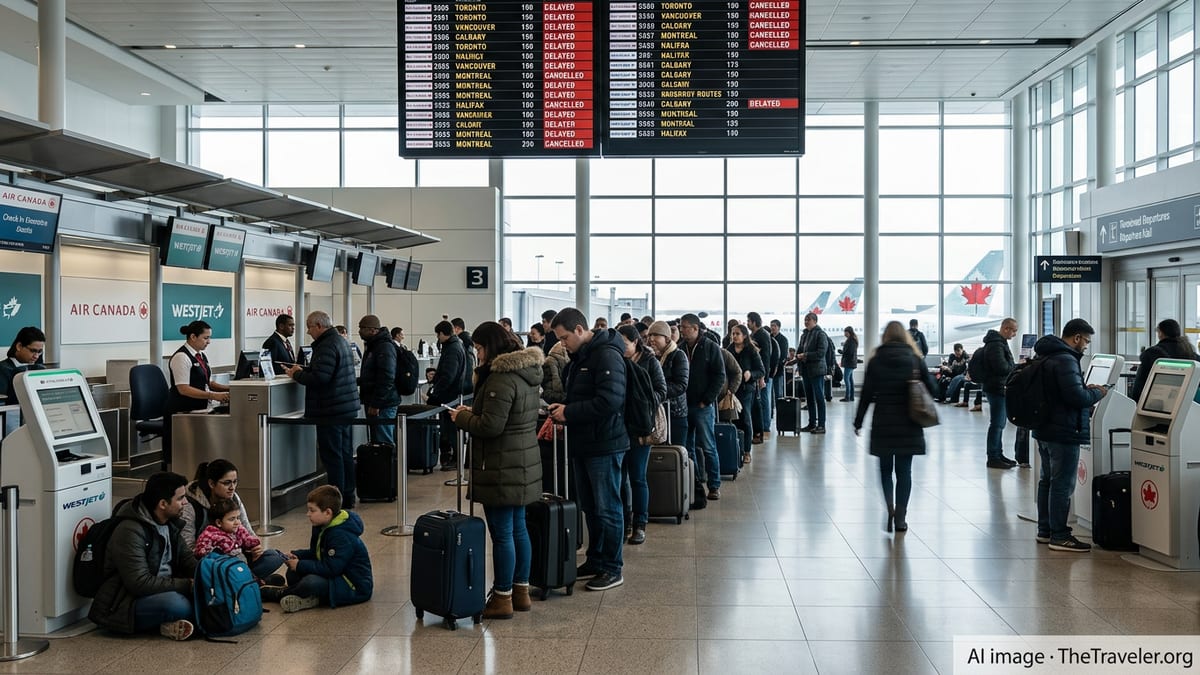 Crowded Canadian airport terminal with delayed flights on screens and long lines at Air Canada and WestJet counters.