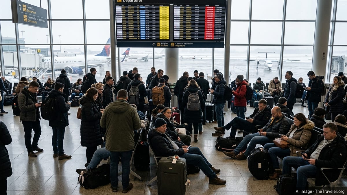 Passengers in a Canadian airport terminal watch departure boards filled with delayed and canceled flights.