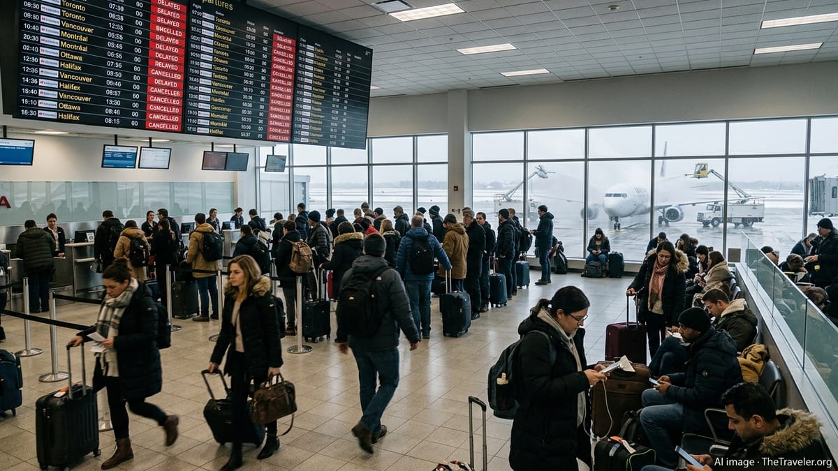 Crowded Canadian airport terminal with delayed and cancelled flights on the departure board.