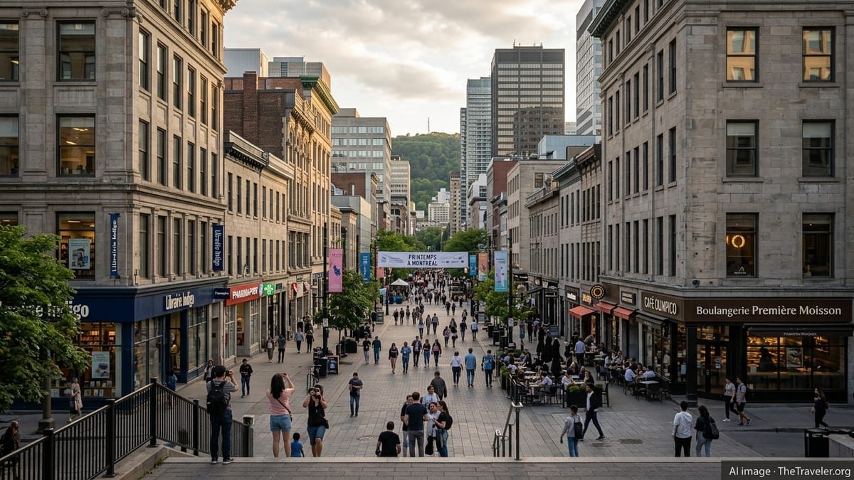 Evening crowd on a Montréal street with French signs, cafés and a mix of historic and modern buildings.