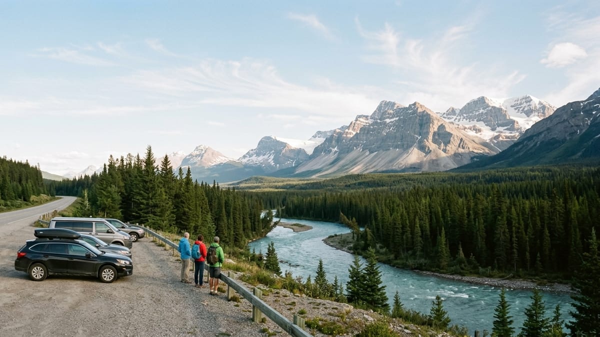 Summer road trip scene in Jasper National Park with river, highway and towering Rocky Mountains.