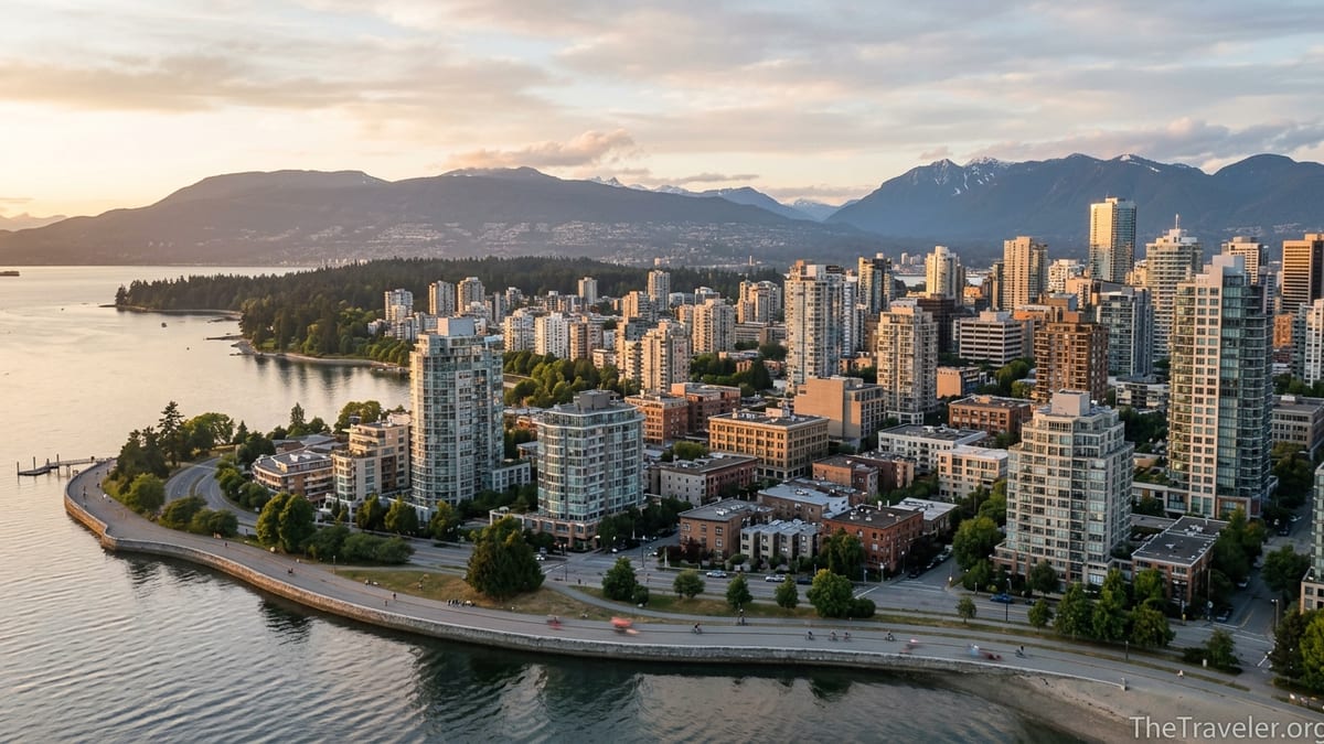 Aerial summer view of downtown Vancouver with mountains, harbor and seawall at golden hour.