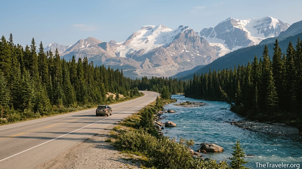Summer road winding through forest and mountains on the Icefields Parkway in the Canadian Rockies.