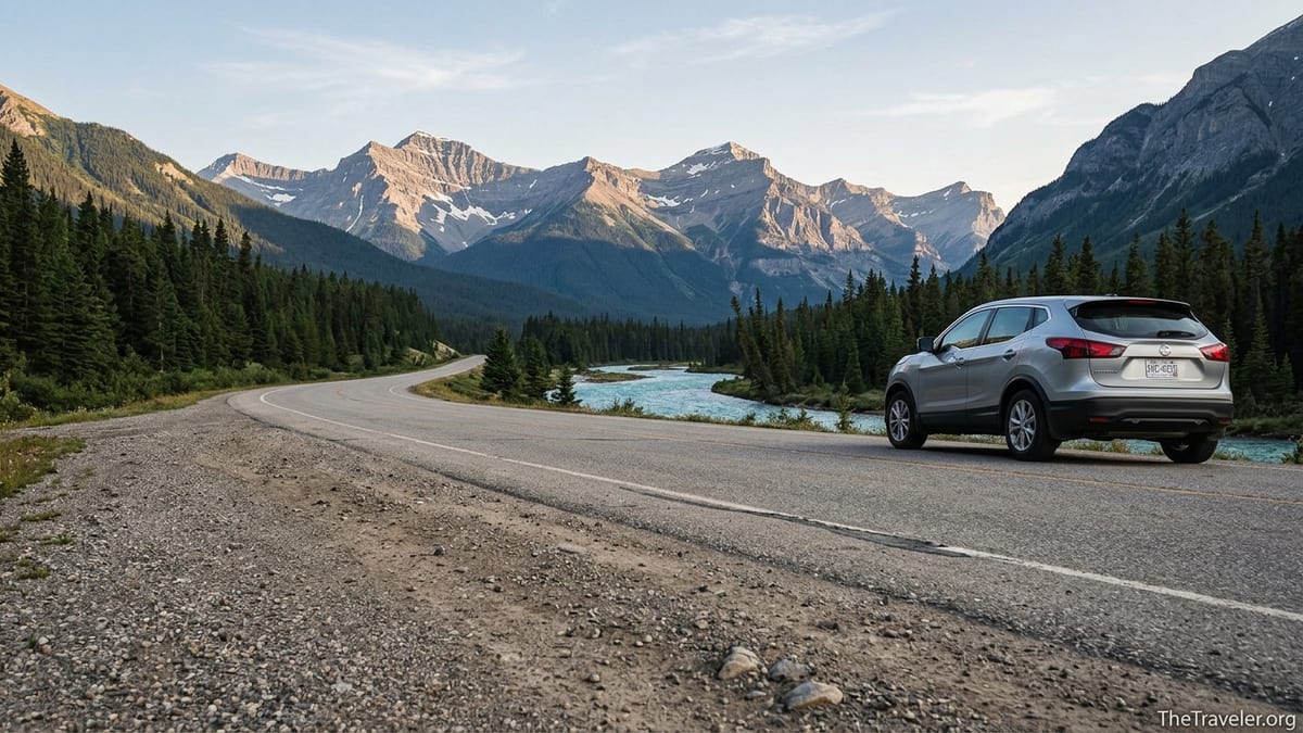 SUV parked on a Canadian Rockies highway with forest and snow capped peaks in the distance.