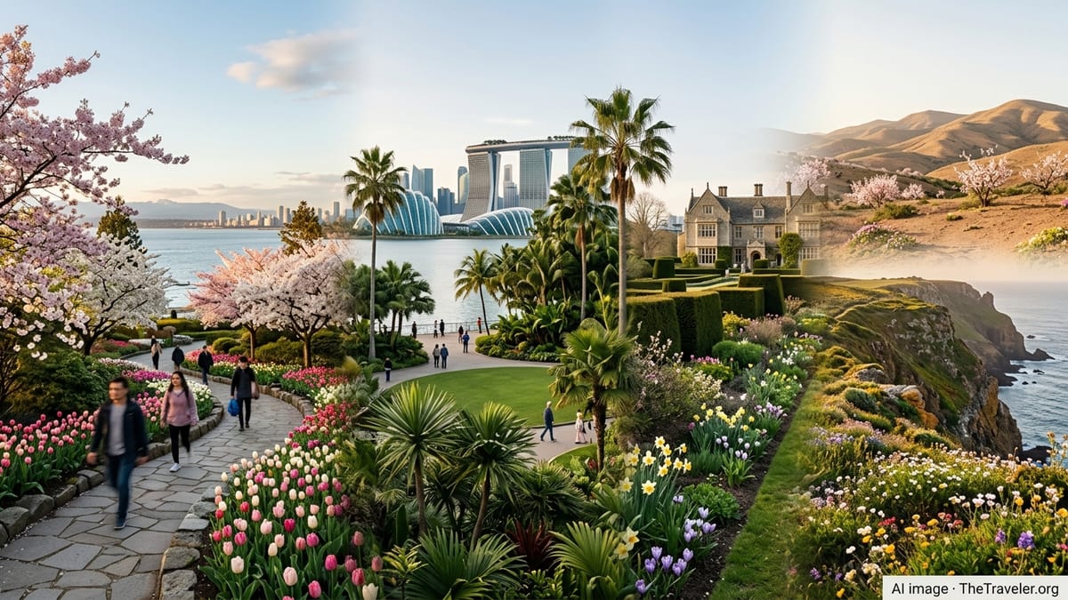Spring travelers walk through blooming gardens with city and coastal landscapes from Canada to Africa in one wide panoramic,夕