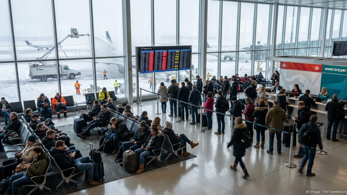 Stranded passengers wait in a crowded Canadian airport as snow and cancellations dominate the departures board.
