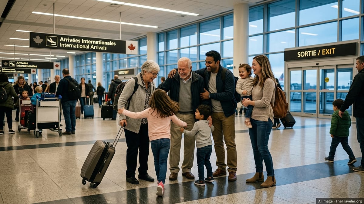 Multigenerational family embracing in a Canadian airport arrivals hall with luggage.