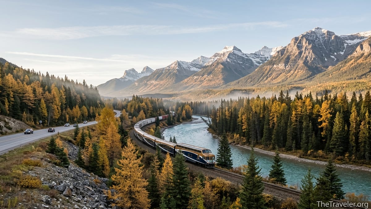 Glass-domed train in the Canadian Rockies curving along a river beneath snow-capped peaks in autumn.