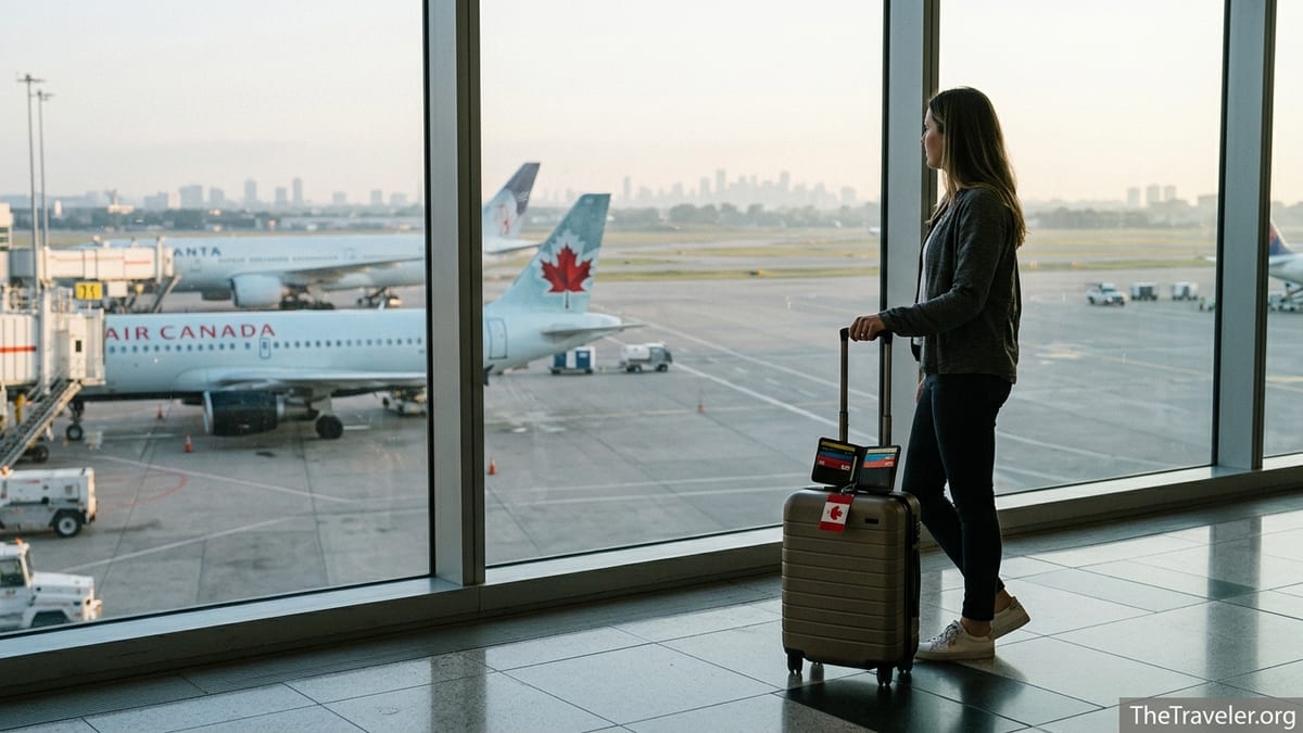 Canadian traveller with carry on bag looking out at planes from Toronto airport window.