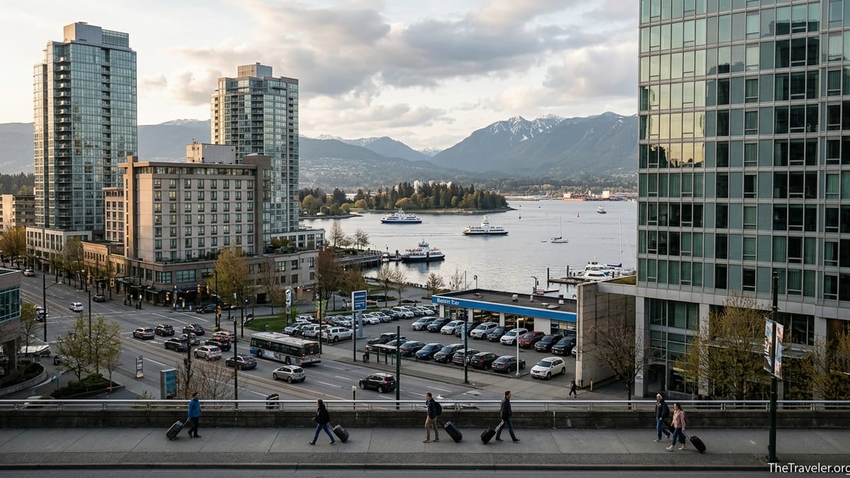 Aerial view of downtown Vancouver hotels and harbor at sunset with mountains beyond.
