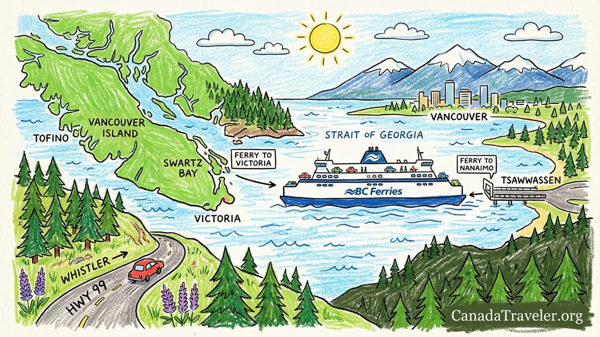 A winding coastal highway follows the forested shoreline above Howe Sound north of Vancouver in soft afternoon light.