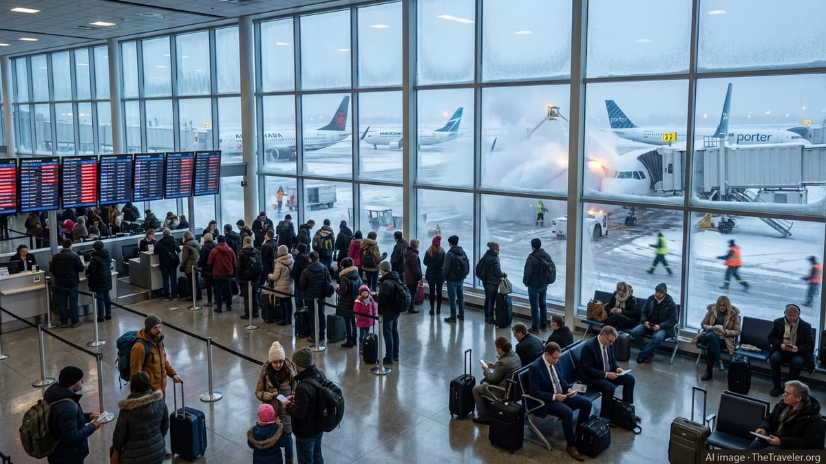 Crowded Canadian airport terminal as snowstorm grounds multiple Air Canada and WestJet planes on the tarmac.