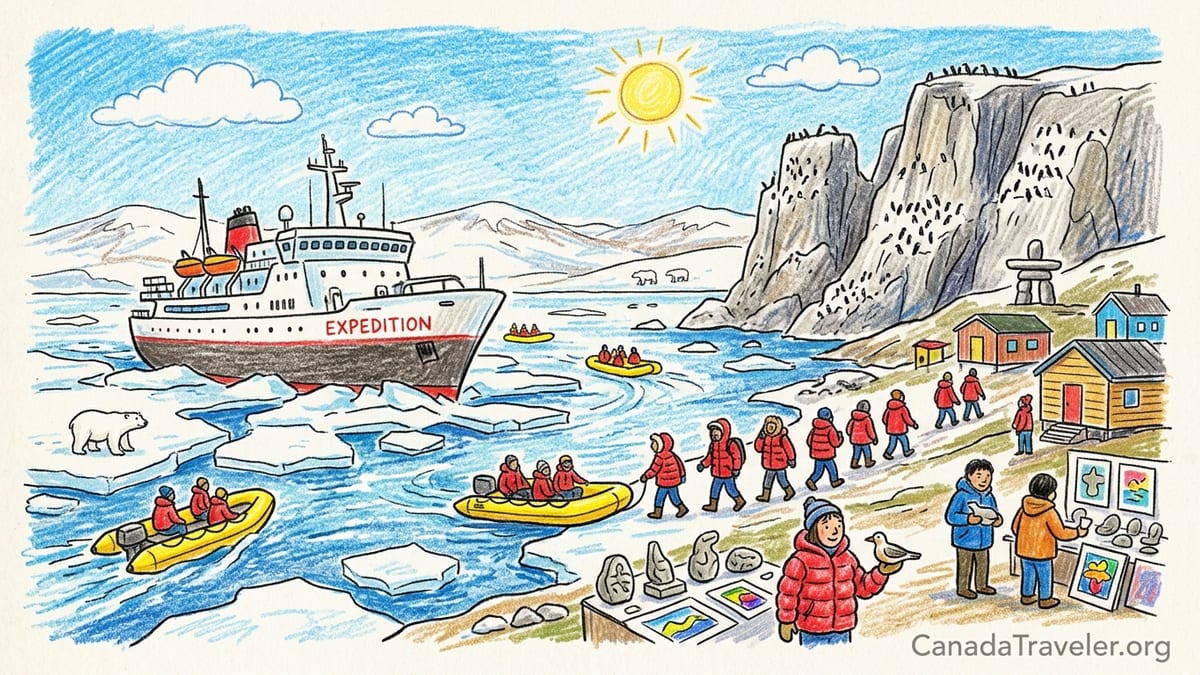 Small expedition cruise ship and Zodiacs amid sea ice off rugged Baffin Island cliffs in soft Arctic light.