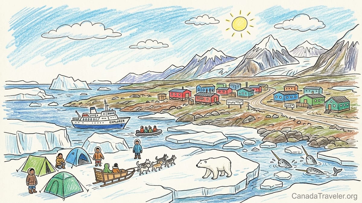 Coastal Inuit community on Baffin Island with colorful houses, sea ice and a small expedition ship offshore at sunset.