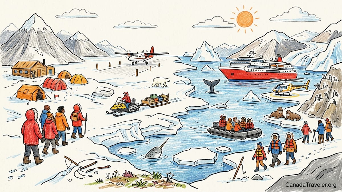Travelers in red parkas stand at the Baffin Island floe edge beside snowmobiles and sea ice.
