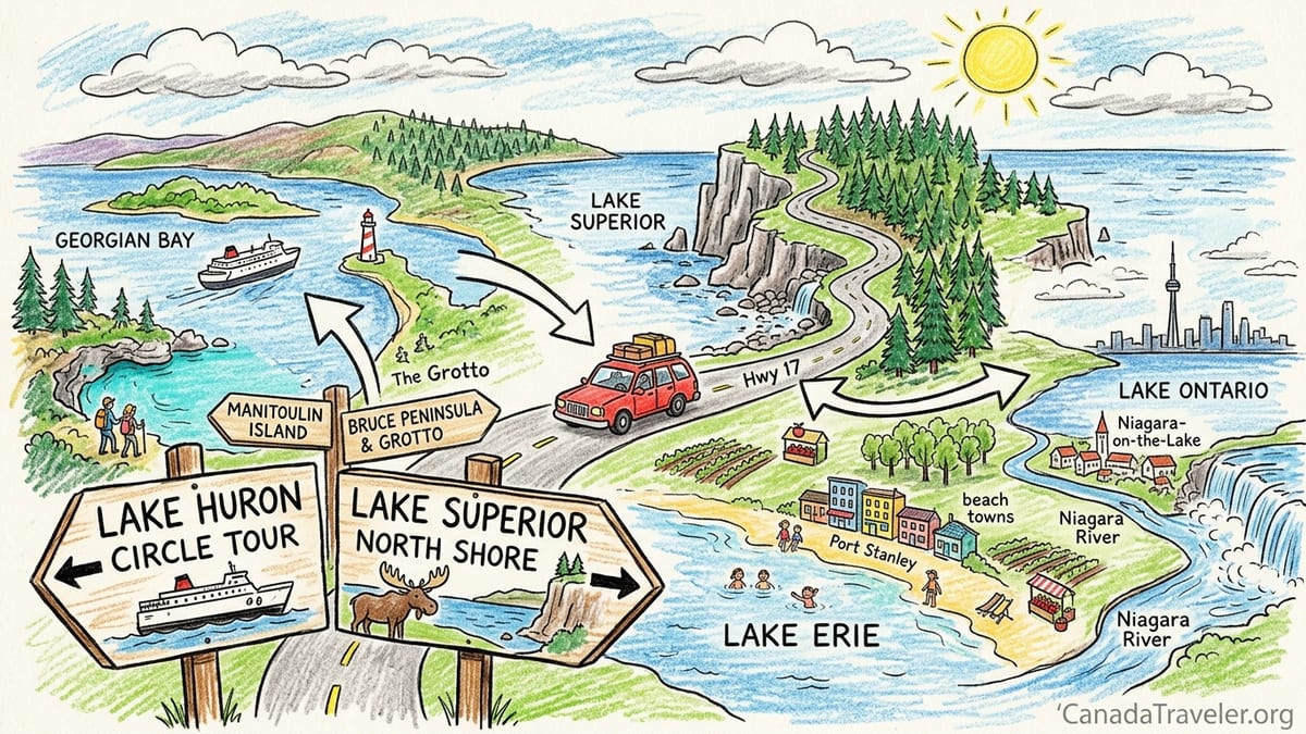 Scenic highway along Lake Superior’s north shore curving between cliffs and deep blue water in Ontario, Canada.